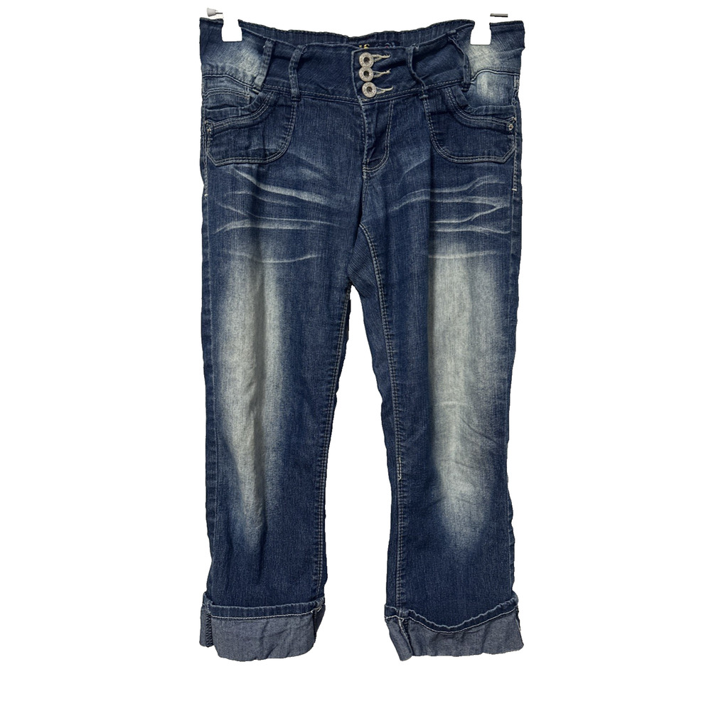Angels Jeans Juniors 7 Vintage Y2K Distressed‎ Wash Cuff Capris Urban Streetwear